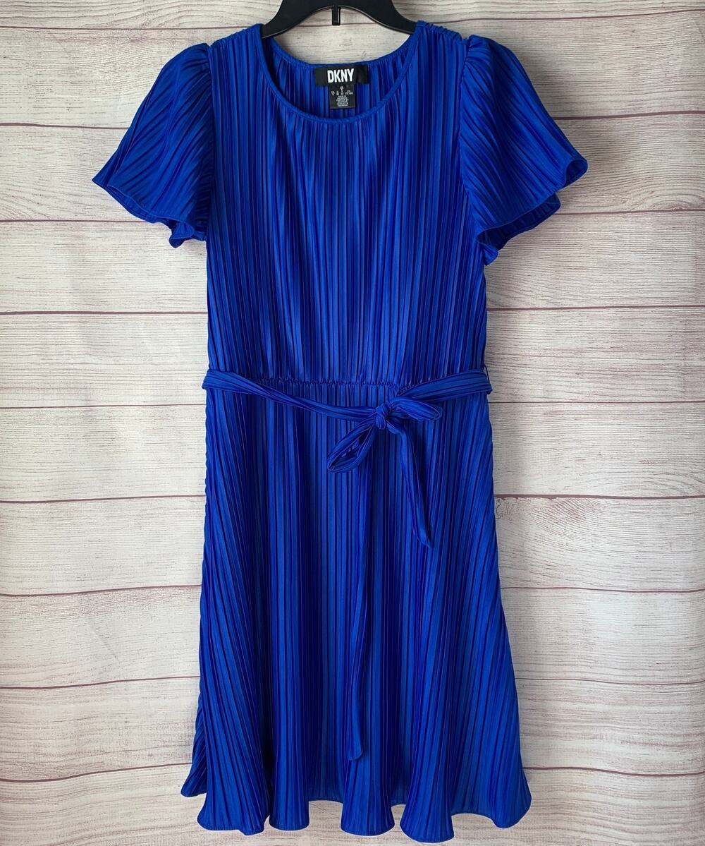 DKNY Cobalt Blue Dress Flutter Sleeves Tie Belt Pleated Fabric Size 8